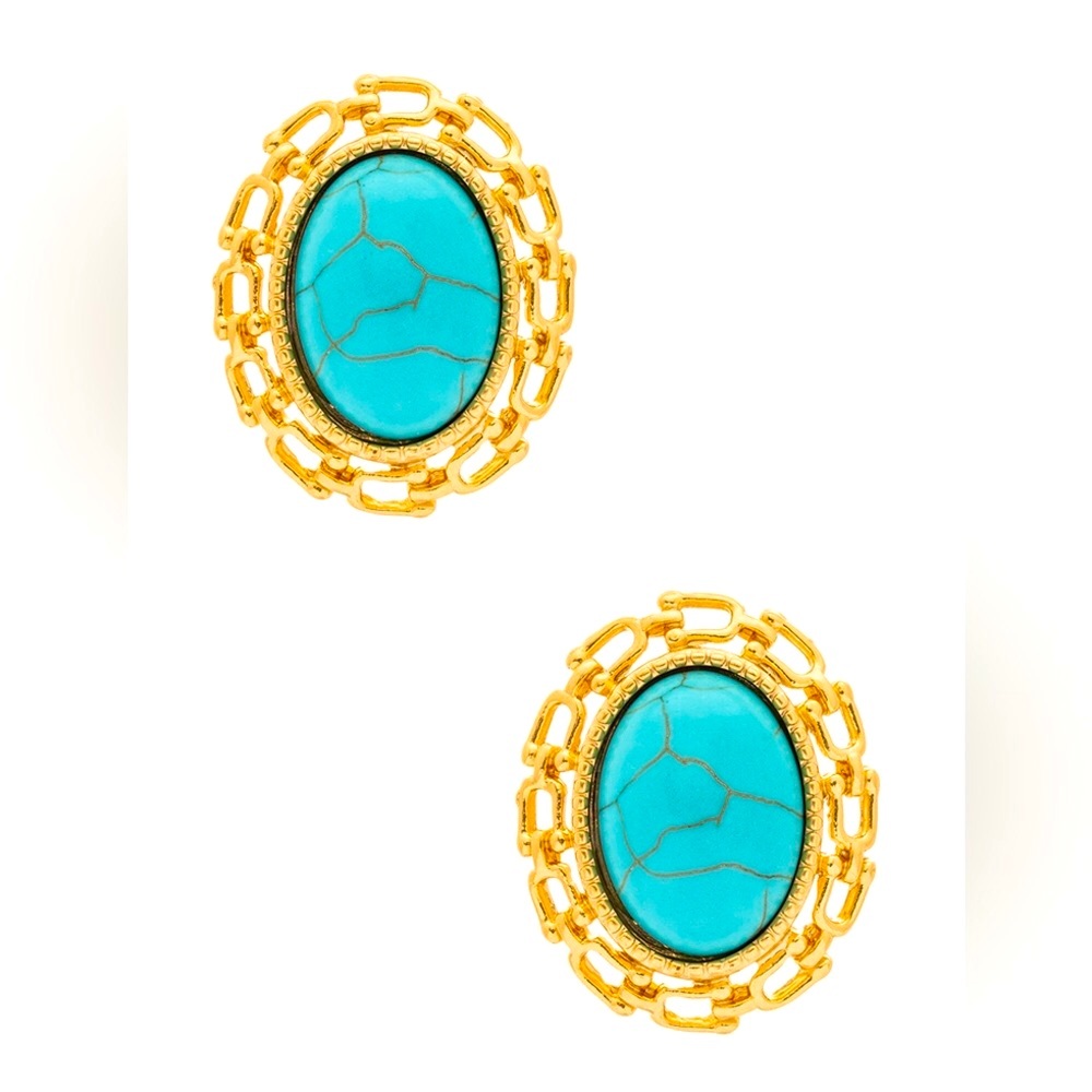 14k Gold Oval w/Turquoise Accents Statement Earrings
